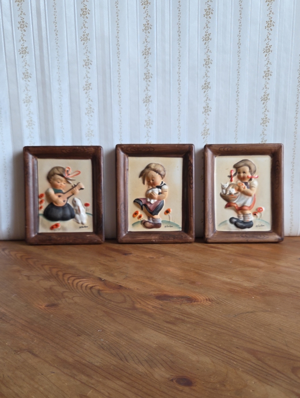 1960s Napco Vintage Ceramic 3D Wall Plaques Signed Norton Hummel Style Set of 3